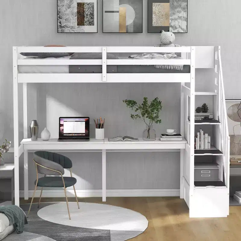Letto a soppalco singolo con scala contenitore e scrivania integrata, struttura letto a soppalco alta con gradini per bambini, ragazzi e adulti