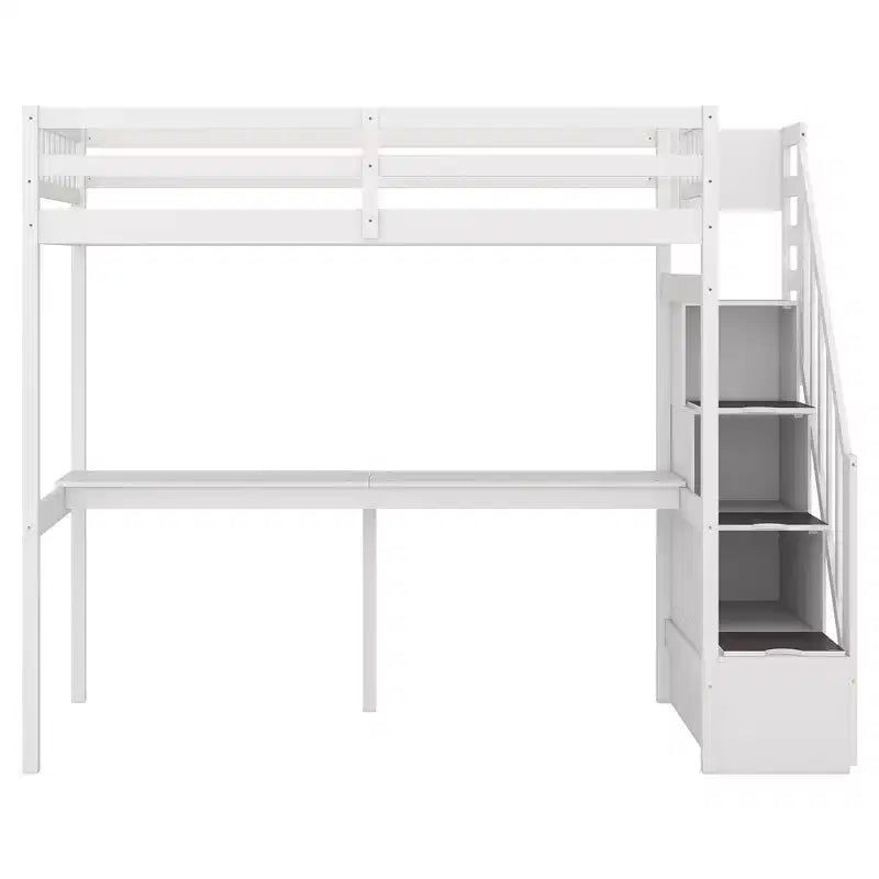 Letto a soppalco singolo con scala contenitore e scrivania integrata, struttura letto a soppalco alta con gradini per bambini, ragazzi e adulti