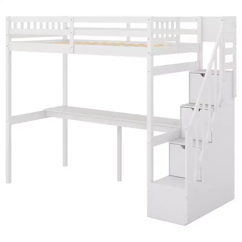 Letto a soppalco singolo con scala contenitore e scrivania integrata, struttura letto a soppalco alta con gradini per bambini, ragazzi e adulti