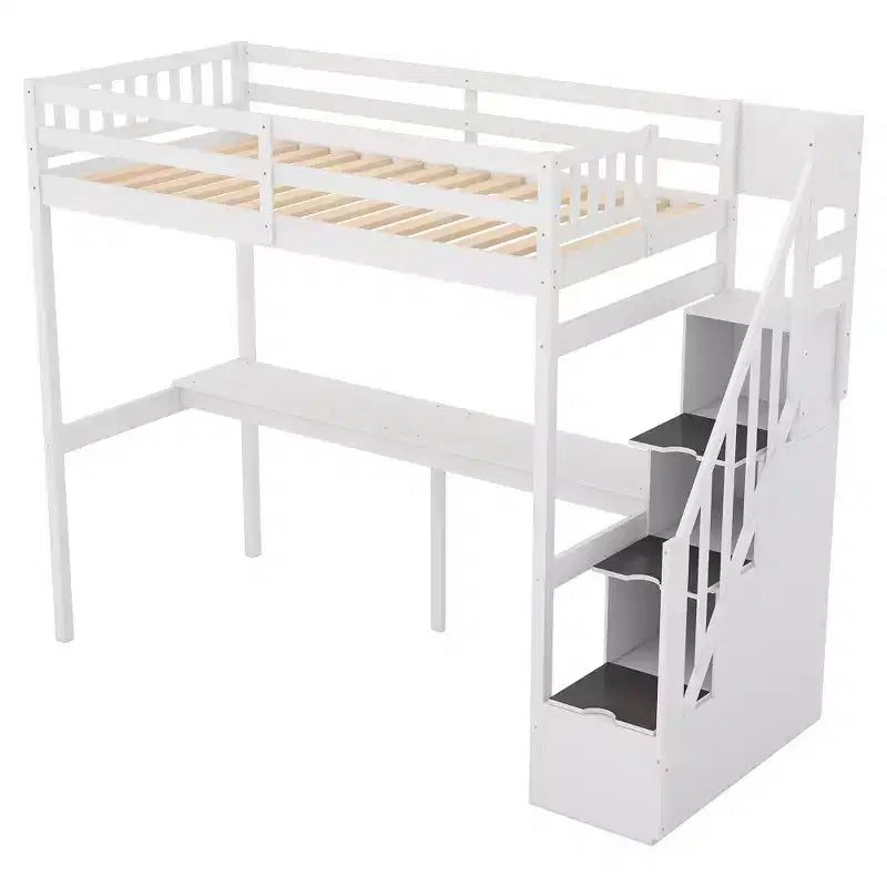 Letto a soppalco singolo con scala contenitore e scrivania integrata, struttura letto a soppalco alta con gradini per bambini, ragazzi e adulti
