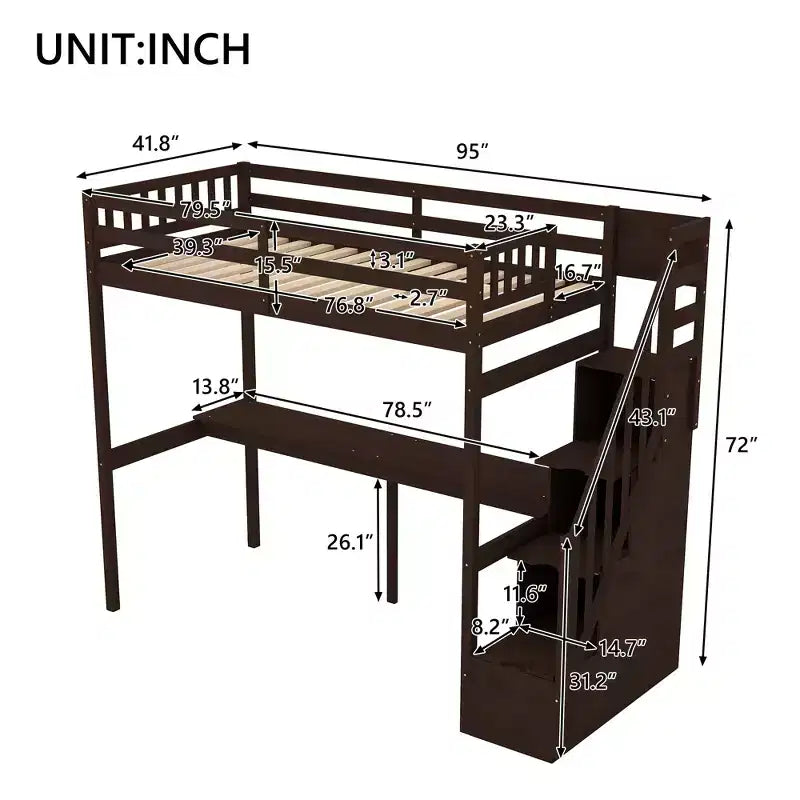 Letto a soppalco singolo con scala contenitore e scrivania integrata, struttura letto a soppalco alta con gradini per bambini, ragazzi e adulti