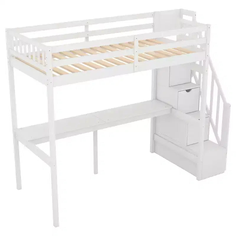 Letto a soppalco singolo con scala contenitore e scrivania integrata, struttura letto a soppalco alta con gradini per bambini, ragazzi e adulti
