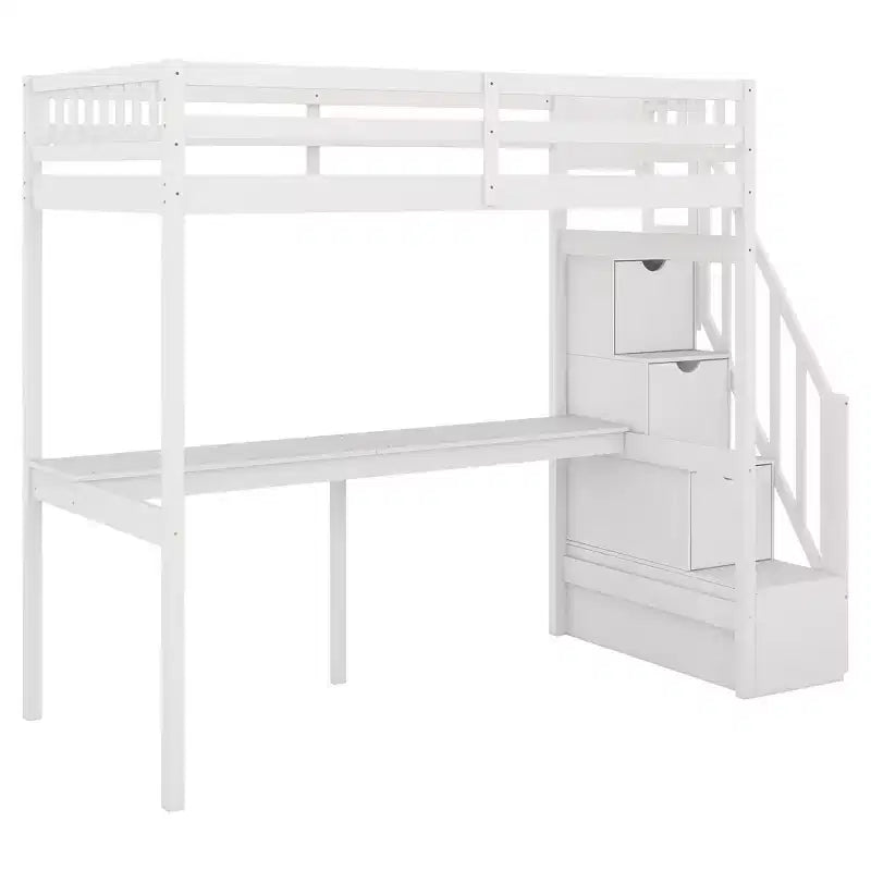 Letto a soppalco singolo con scala contenitore e scrivania integrata, struttura letto a soppalco alta con gradini per bambini, ragazzi e adulti