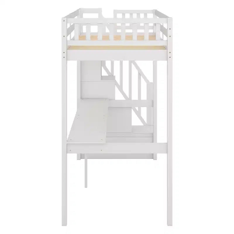 Letto a soppalco singolo con scala contenitore e scrivania integrata, struttura letto a soppalco alta con gradini per bambini, ragazzi e adulti