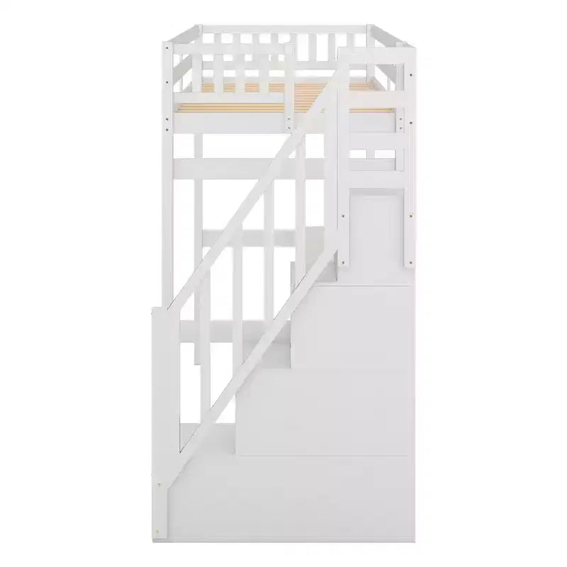 Letto a soppalco singolo con scala contenitore e scrivania integrata, struttura letto a soppalco alta con gradini per bambini, ragazzi e adulti