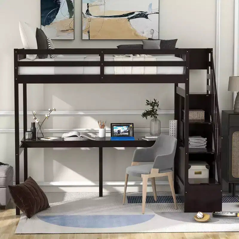 Letto a soppalco singolo con scala contenitore e scrivania integrata, struttura letto a soppalco alta con gradini per bambini, ragazzi e adulti
