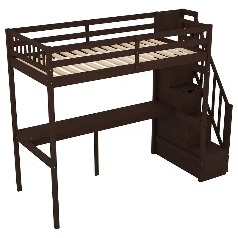 Letto a soppalco singolo con scala contenitore e scrivania integrata, struttura letto a soppalco alta con gradini per bambini, ragazzi e adulti
