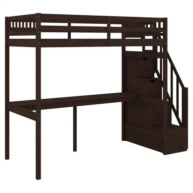 Letto a soppalco singolo con scala contenitore e scrivania integrata, struttura letto a soppalco alta con gradini per bambini, ragazzi e adulti