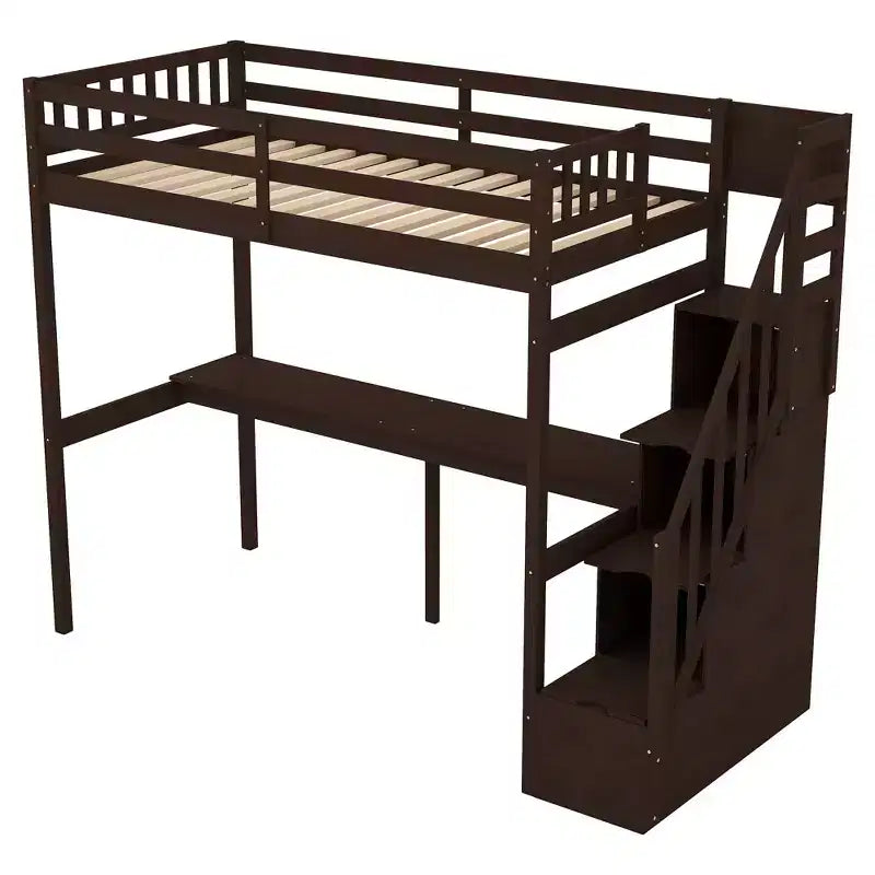 Letto a soppalco singolo con scala contenitore e scrivania integrata, struttura letto a soppalco alta con gradini per bambini, ragazzi e adulti