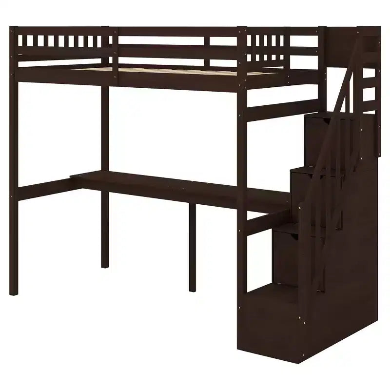 Letto a soppalco singolo con scala contenitore e scrivania integrata, struttura letto a soppalco alta con gradini per bambini, ragazzi e adulti