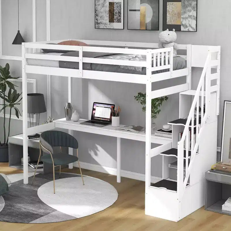Letto a soppalco singolo con scala contenitore e scrivania integrata, struttura letto a soppalco alta con gradini per bambini, ragazzi e adulti