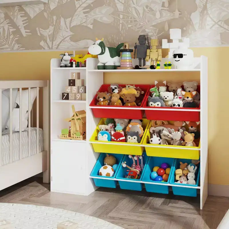 Contenitore per giocattoli per bambini con 8 contenitori rimovibili, organizer a 4 livelli per libri e giocattoli per la camera da letto