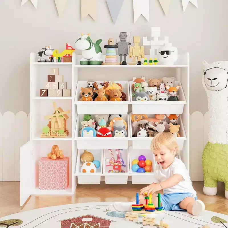 Contenitore per giocattoli per bambini con 8 contenitori rimovibili, organizer a 4 livelli per libri e giocattoli per la camera da letto