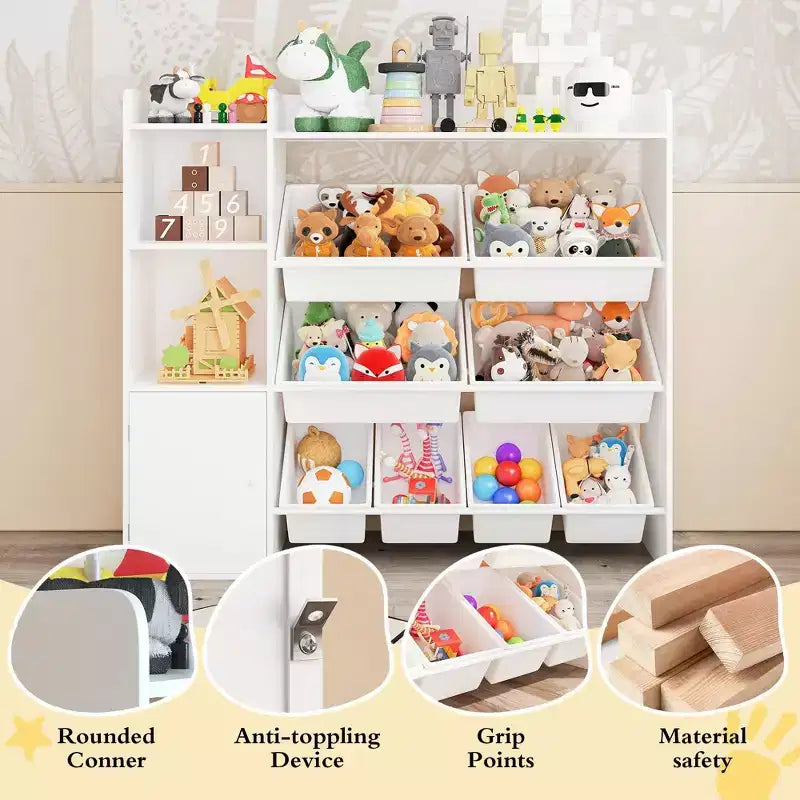 Contenitore per giocattoli per bambini con 8 contenitori rimovibili, organizer a 4 livelli per libri e giocattoli per la camera da letto