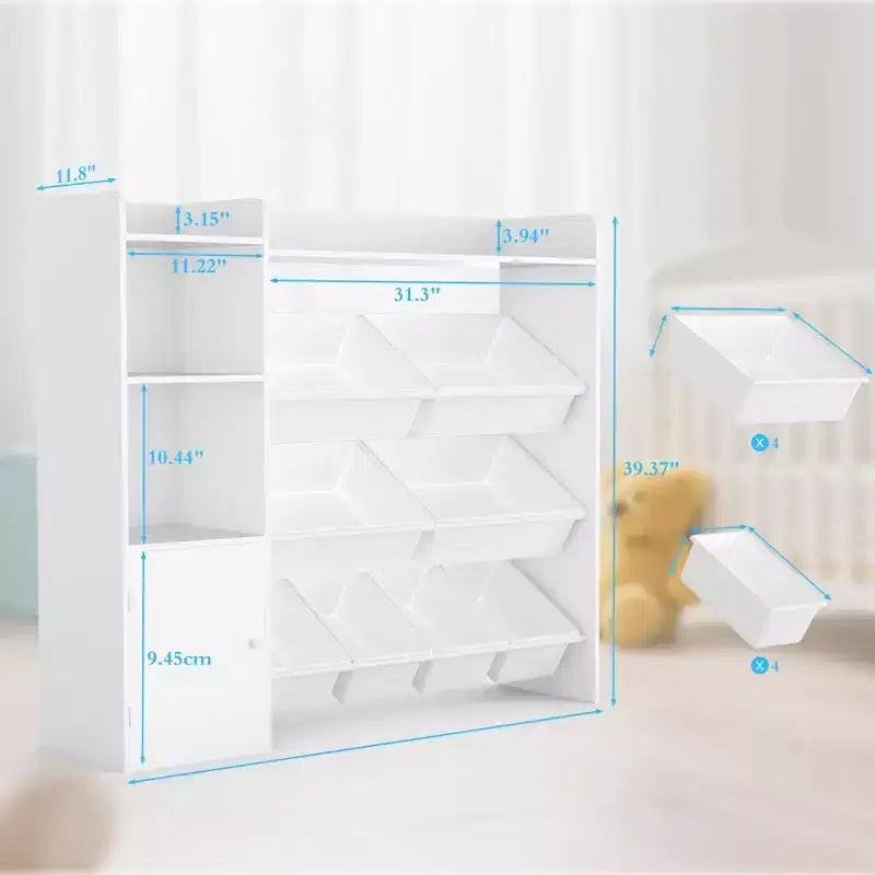 Contenitore per giocattoli per bambini con 8 contenitori rimovibili, organizer a 4 livelli per libri e giocattoli per la camera da letto