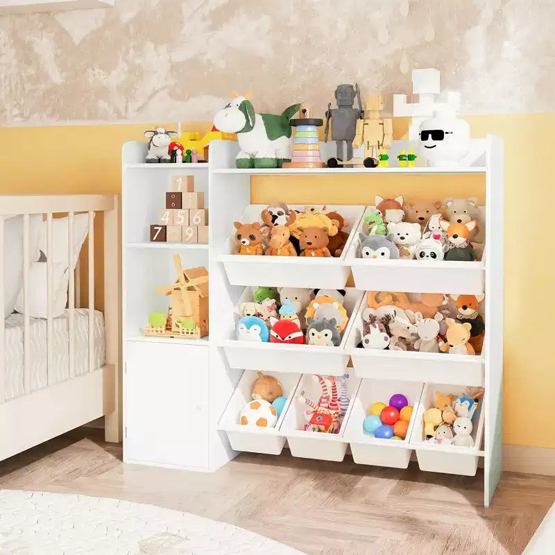 Contenitore per giocattoli per bambini con 8 contenitori rimovibili, organizer a 4 livelli per libri e giocattoli per la camera da letto