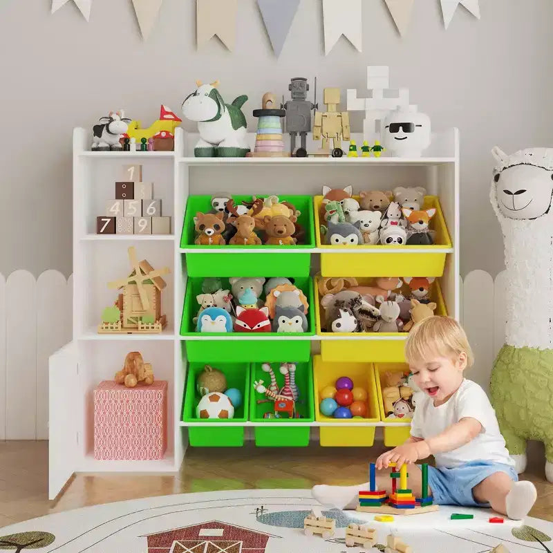 Contenitore per giocattoli per bambini con 8 contenitori rimovibili, organizer a 4 livelli per libri e giocattoli per la camera da letto