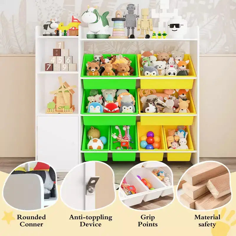 Contenitore per giocattoli per bambini con 8 contenitori rimovibili, organizer a 4 livelli per libri e giocattoli per la camera da letto