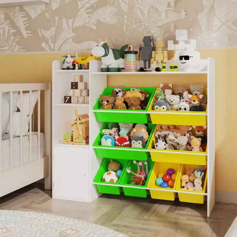 Contenitore per giocattoli per bambini con 8 contenitori rimovibili, organizer a 4 livelli per libri e giocattoli per la camera da letto