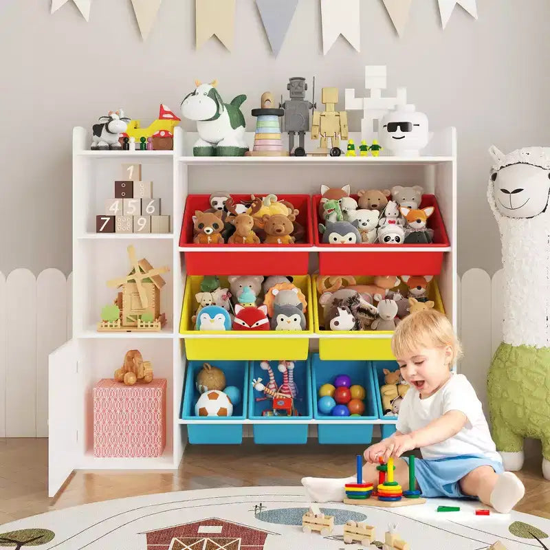 Contenitore per giocattoli per bambini con 8 contenitori rimovibili, organizer a 4 livelli per libri e giocattoli per la camera da letto