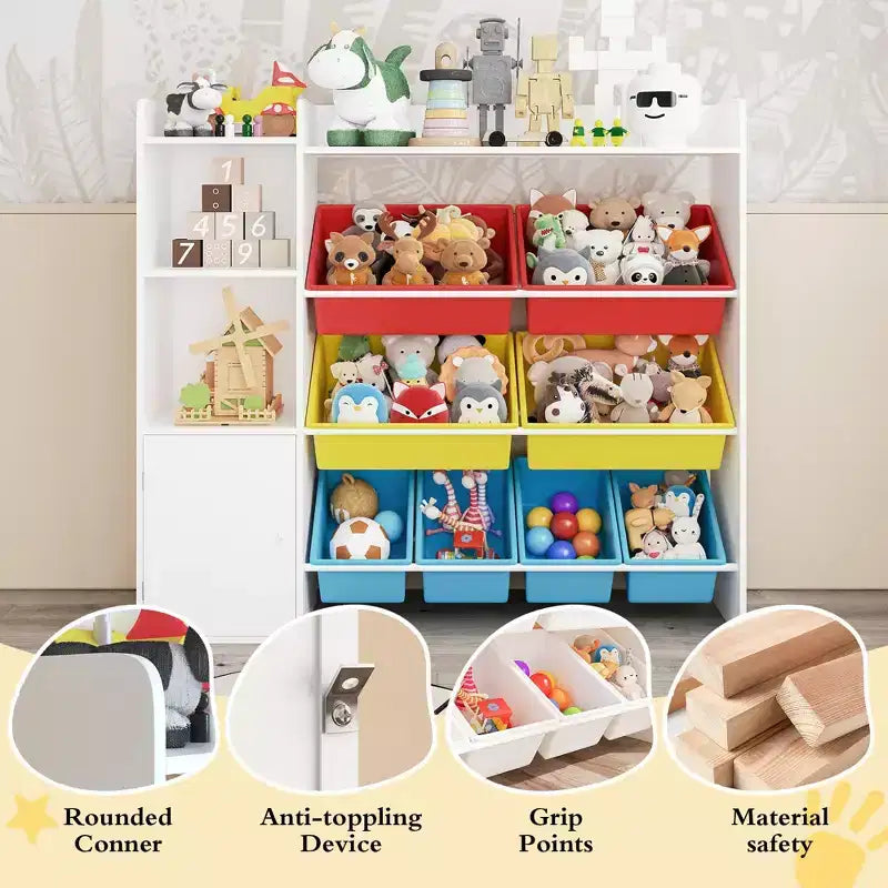Contenitore per giocattoli per bambini con 8 contenitori rimovibili, organizer a 4 livelli per libri e giocattoli per la camera da letto