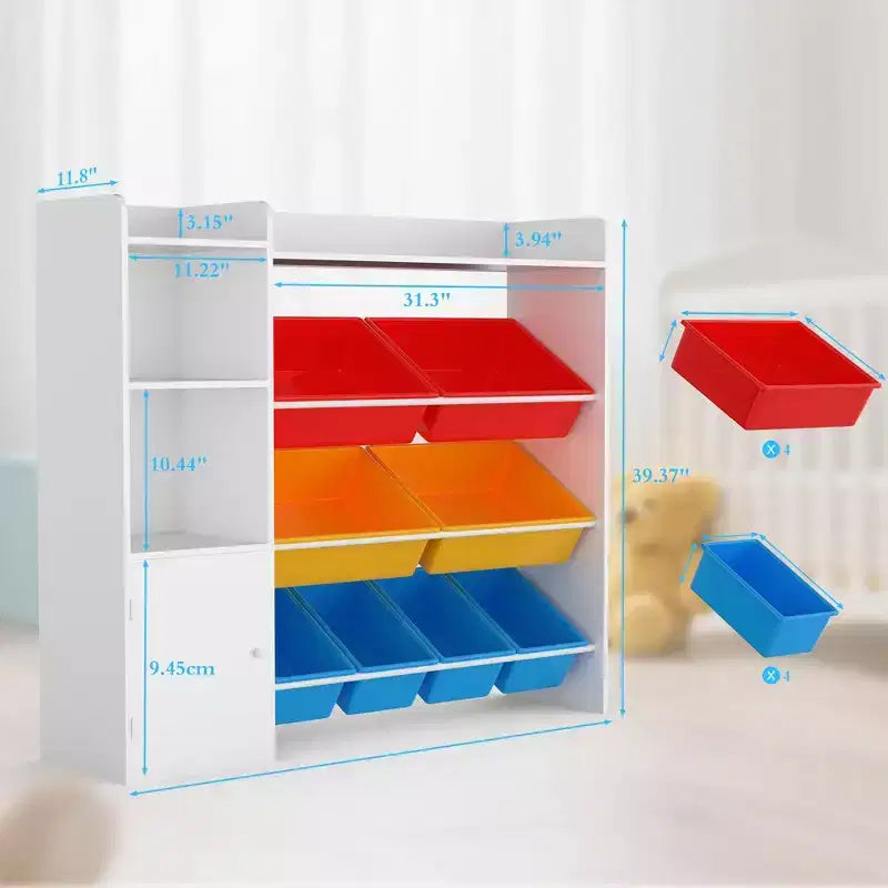 Contenitore per giocattoli per bambini con 8 contenitori rimovibili, organizer a 4 livelli per libri e giocattoli per la camera da letto