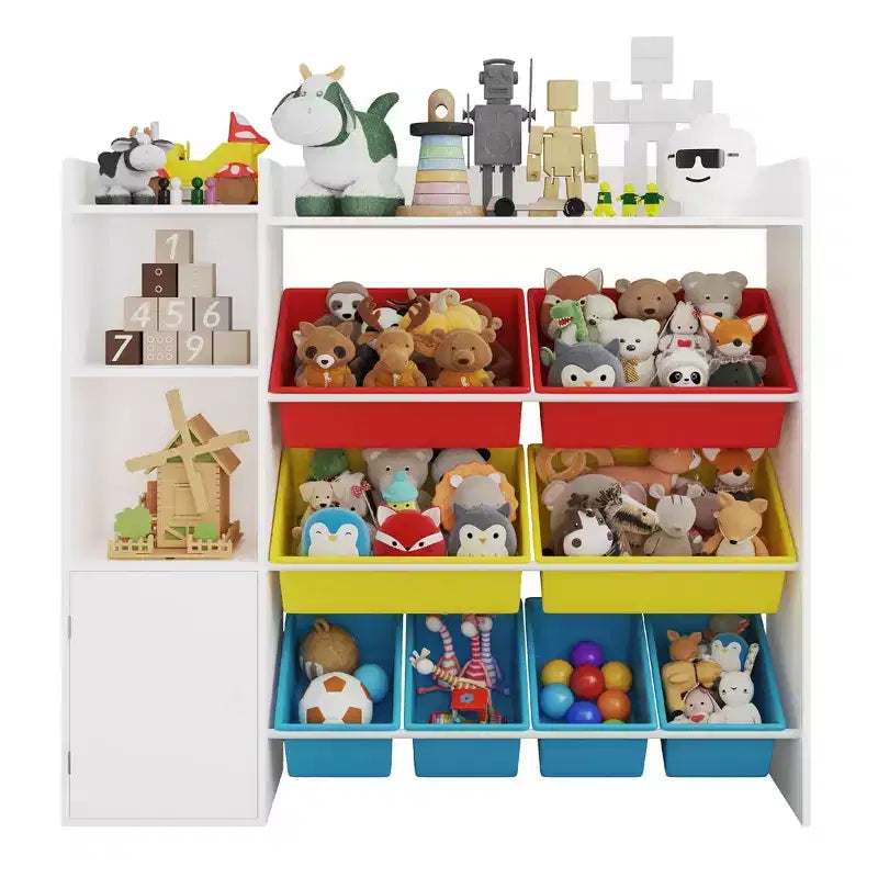 Contenitore per giocattoli per bambini con 8 contenitori rimovibili, organizer a 4 livelli per libri e giocattoli per la camera da letto