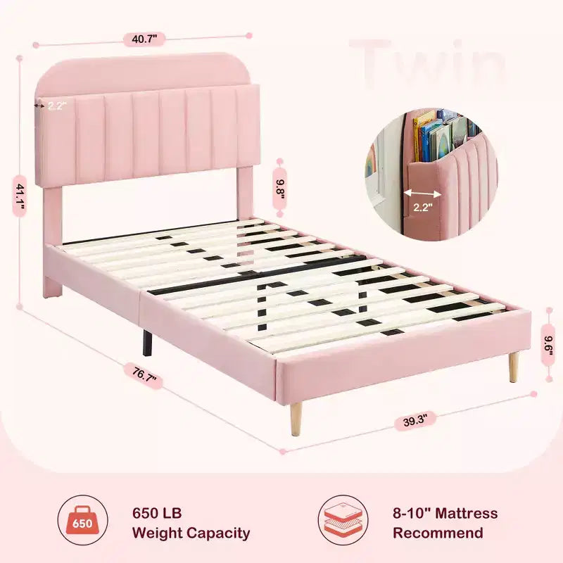 2 Letti singoli, Struttura letto imbottita con testiera a libreria, Base letto imbottita in velluto per materasso, Gambe di supporto in acciaio resistente
