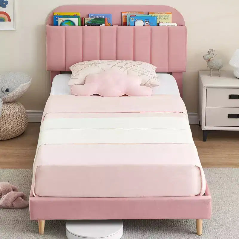 2 Letti singoli, Struttura letto imbottita con testiera a libreria, Base letto imbottita in velluto per materasso, Gambe di supporto in acciaio resistente