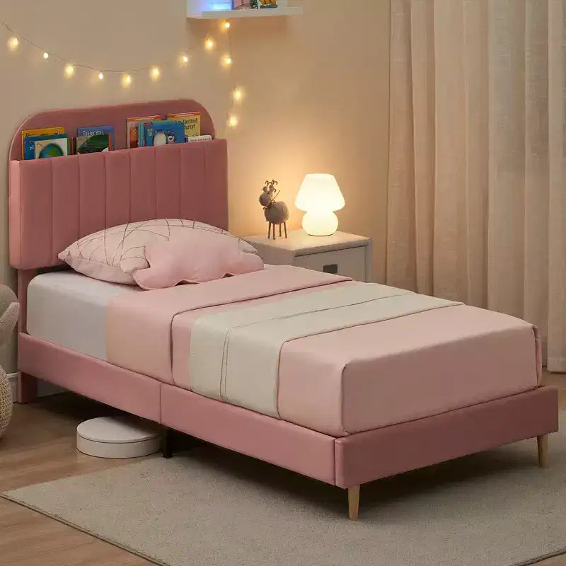 2 Letti singoli, Struttura letto imbottita con testiera a libreria, Base letto imbottita in velluto per materasso, Gambe di supporto in acciaio resistente