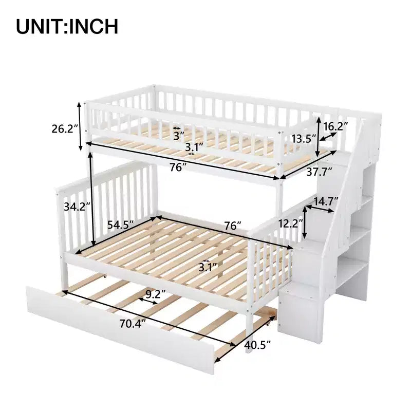Letto a Castello con Letto Estraibile e Scala Contenitore, Letto a Castello a Scala in Legno Massello per Bambini Ragazzi Adulti