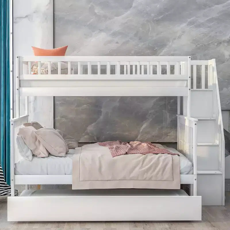 Letto a Castello con Letto Estraibile e Scala Contenitore, Letto a Castello a Scala in Legno Massello per Bambini Ragazzi Adulti