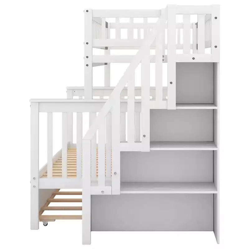 Letto a Castello con Letto Estraibile e Scala Contenitore, Letto a Castello a Scala in Legno Massello per Bambini Ragazzi Adulti