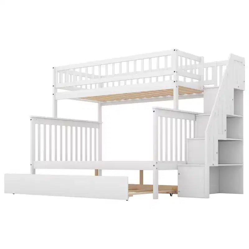 Letto a Castello con Letto Estraibile e Scala Contenitore, Letto a Castello a Scala in Legno Massello per Bambini Ragazzi Adulti