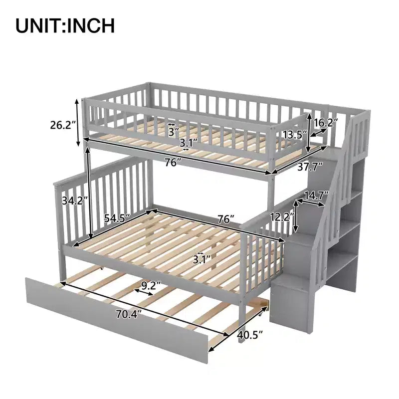 Letto a Castello con Letto Estraibile e Scala Contenitore, Letto a Castello a Scala in Legno Massello per Bambini Ragazzi Adulti
