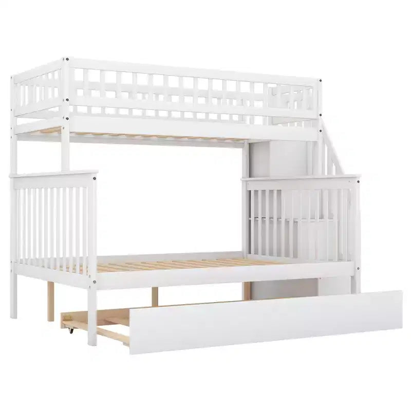 Letto a Castello con Letto Estraibile e Scala Contenitore, Letto a Castello a Scala in Legno Massello per Bambini Ragazzi Adulti