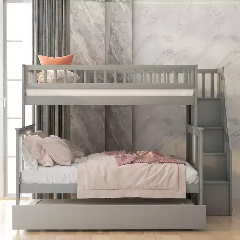 Letto a Castello con Letto Estraibile e Scala Contenitore, Letto a Castello a Scala in Legno Massello per Bambini Ragazzi Adulti