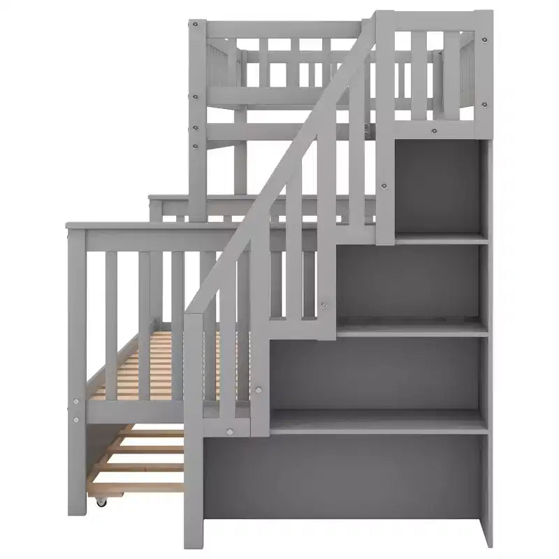 Letto a Castello con Letto Estraibile e Scala Contenitore, Letto a Castello a Scala in Legno Massello per Bambini Ragazzi Adulti