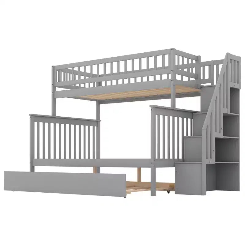 Letto a Castello con Letto Estraibile e Scala Contenitore, Letto a Castello a Scala in Legno Massello per Bambini Ragazzi Adulti