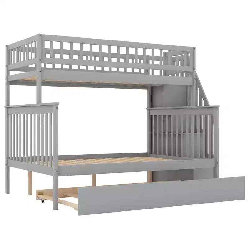 Letto a Castello con Letto Estraibile e Scala Contenitore, Letto a Castello a Scala in Legno Massello per Bambini Ragazzi Adulti
