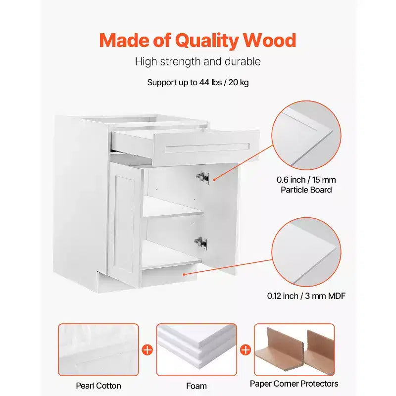 Base sottolavello VEVOR con cassetto, mobile sottolavello da 24 pollici non assemblato con cassetto, 24 L x 24 P x 34,5 H, mobiletto pronto per l'assemblaggio, bianco
