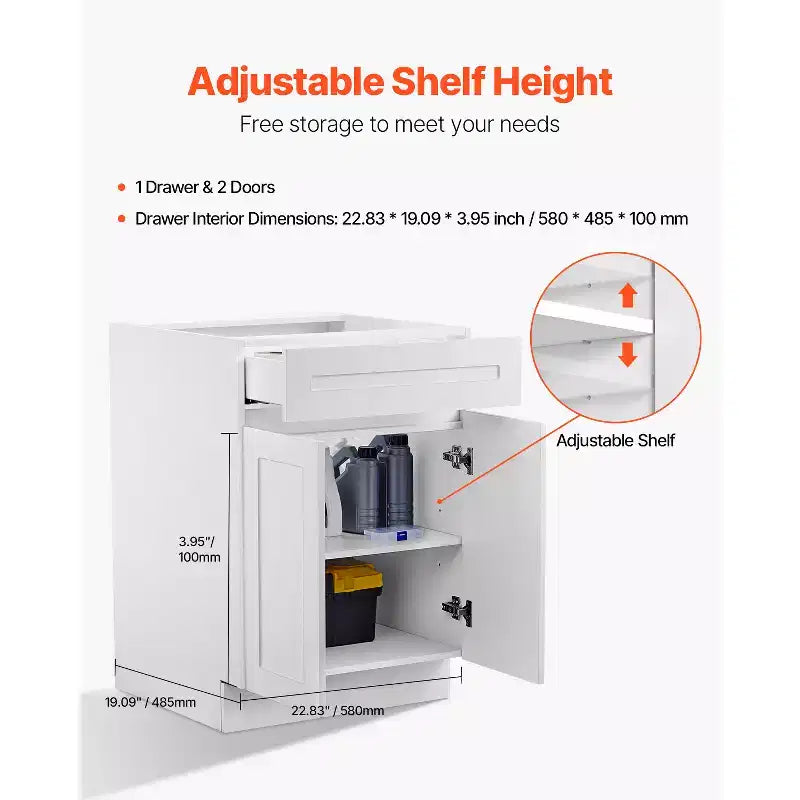 Base sottolavello VEVOR con cassetto, mobile sottolavello da 24 pollici non assemblato con cassetto, 24 L x 24 P x 34,5 H, mobiletto pronto per l'assemblaggio, bianco