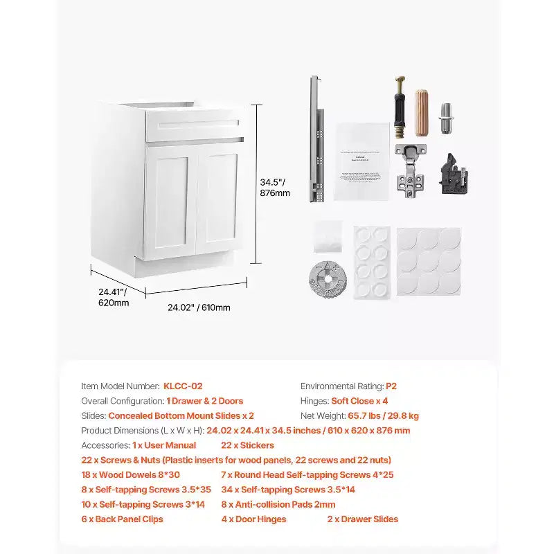 Base sottolavello VEVOR con cassetto, mobile sottolavello da 24 pollici non assemblato con cassetto, 24 L x 24 P x 34,5 H, mobiletto pronto per l'assemblaggio, bianco