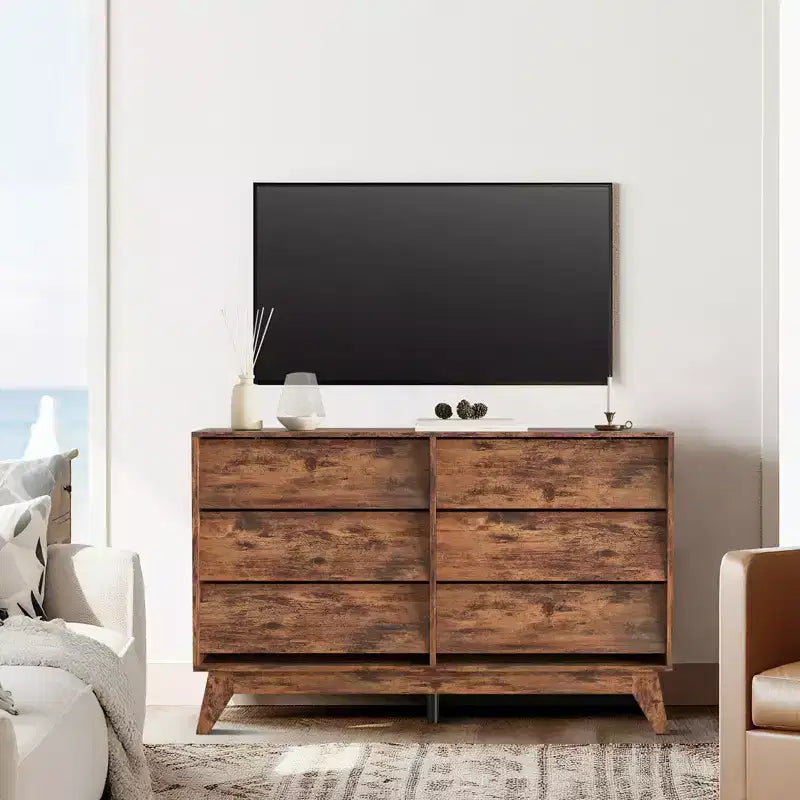 Cassettiera Vintage, Comò a 6 Cassetti con Design Smussato, Mobile Porta TV per Camera da Letto, Soggiorno, Ingresso e Cabina Armadio
