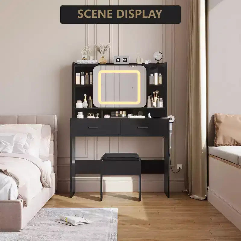 COZONY Scrivania Scorrevole da Toeletta con Specchio e Luci - Tavolo da Trucco con Sgabello, Stazione di Ricarica, Cassetti e Scaffali per Camera da Letto