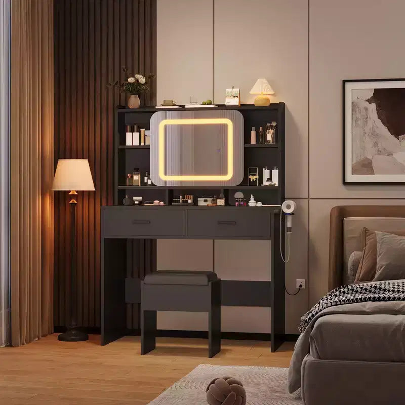 COZONY Scrivania Scorrevole da Toeletta con Specchio e Luci - Tavolo da Trucco con Sgabello, Stazione di Ricarica, Cassetti e Scaffali per Camera da Letto