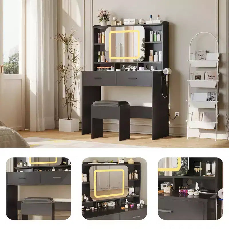 COZONY Scrivania Scorrevole da Toeletta con Specchio e Luci - Tavolo da Trucco con Sgabello, Stazione di Ricarica, Cassetti e Scaffali per Camera da Letto