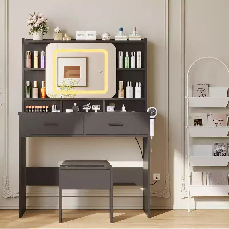 COZONY Scrivania Scorrevole da Toeletta con Specchio e Luci - Tavolo da Trucco con Sgabello, Stazione di Ricarica, Cassetti e Scaffali per Camera da Letto