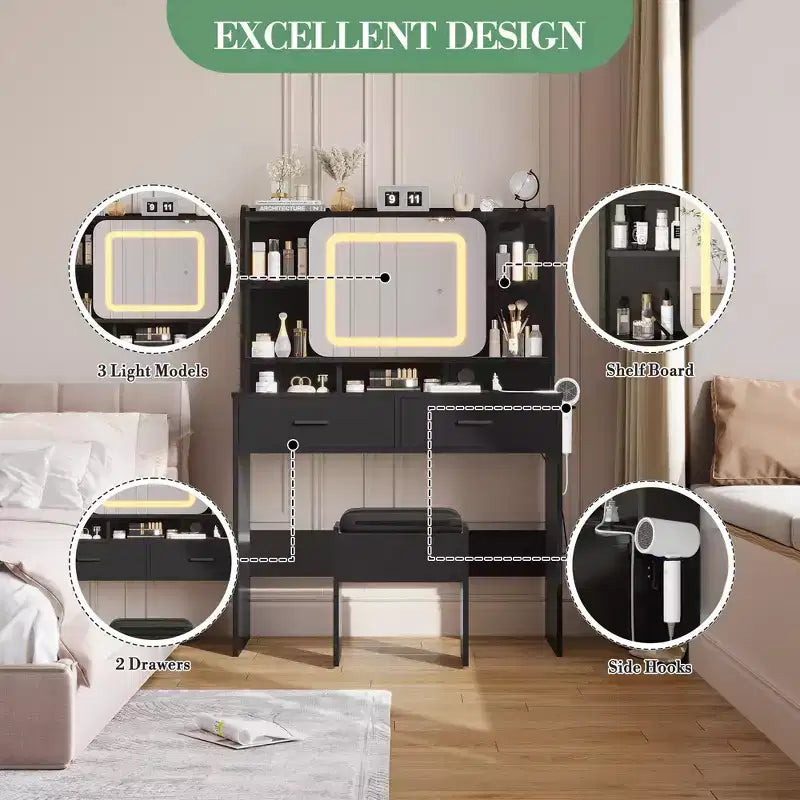 COZONY Scrivania Scorrevole da Toeletta con Specchio e Luci - Tavolo da Trucco con Sgabello, Stazione di Ricarica, Cassetti e Scaffali per Camera da Letto