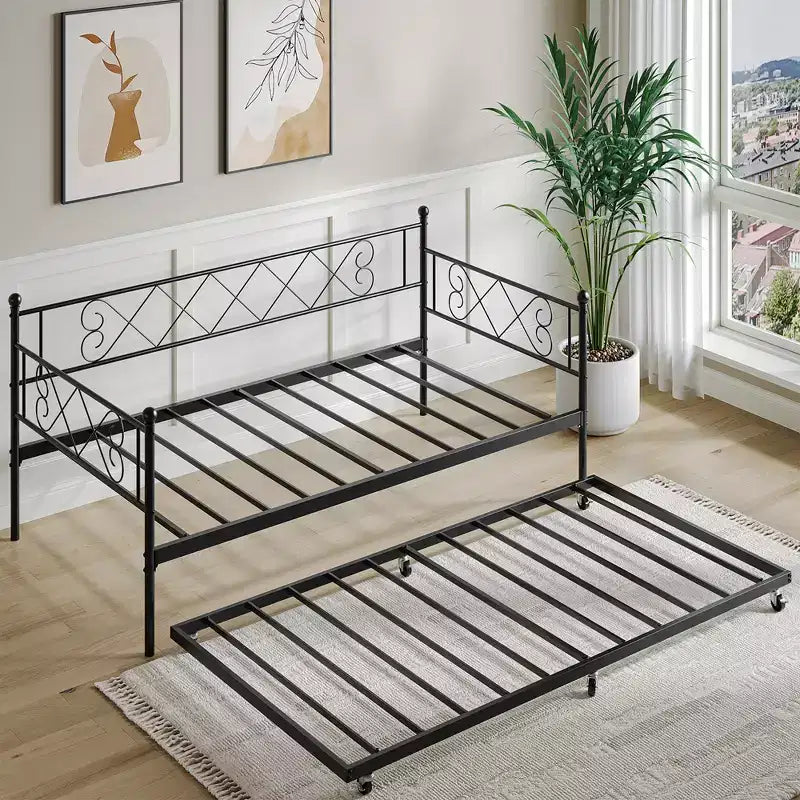 COZONY Letto Divano in Metallo Gemello con Materasso Estraibile, Testiera a Cuore, Struttura per Letto Divano in Acciaio a Doghe, Letto per Ospiti Salvaspazio per Camera da Letto Facile da Montare